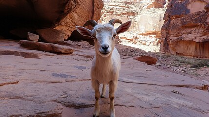 Wall Mural -   Goat on rock, cliff in back, canyon in front