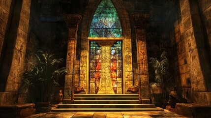 Poster - An Ancient Egyptian Temple Entrance with a Stained Glass Window