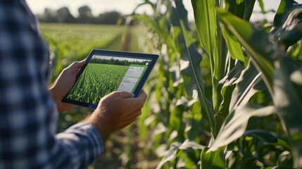 Farmer uses a tablet to monitor his corn crop in a field.