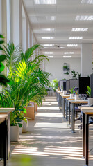 Poster - Bright shared office space with open workstations and greenery