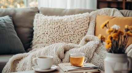 Wall Mural - Cozy living room with warm drinks and soft blankets creating a relaxing atmosphere in the late afternoon sunlight