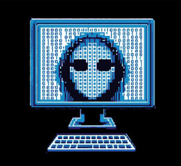 Poster - Computer monitor with a face on it in pixel art style.