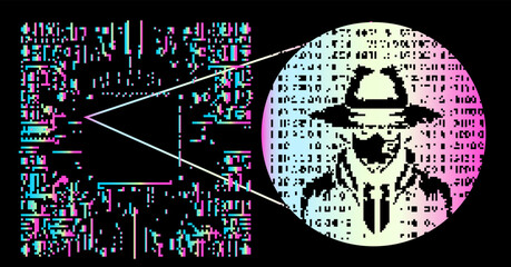 Poster - Abstract cybersecurity-themed collage with pixelated figure of a hacker with hat and glitchy artifacts.