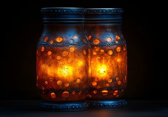 two glass jars with lit candles. 