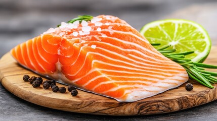 A fresh salmon fillet is displayed on a wooden cutting board, garnished with herbs and salt, ready for cooking in a contemporary kitchen setting