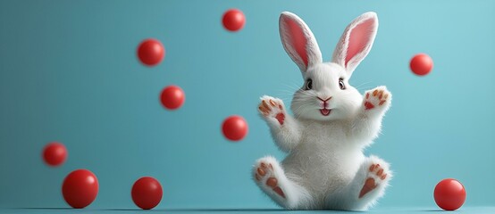 a white bunny with red balls. 