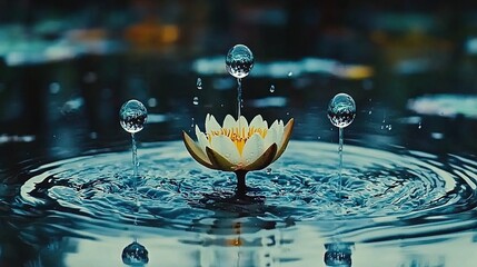 Sticker -   A yellow and white water lily floats atop a body of water, dotted with droplets