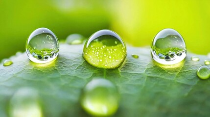 Wall Mural -   Three droplets of water perched on a green foliage leaf with water beads above