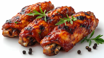 Wall Mural - Three succulent barbecue chicken wings garnished with herbs on a white plate.