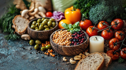 Poster -   A bowl-filled table, lit by candle and adorned with veggies