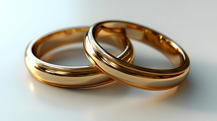 Two intertwined golden wedding rings on a reflective surface.