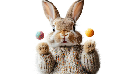 a rabbit in a sweater juggling balls.