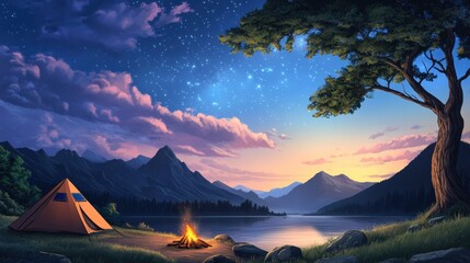 Canvas Print - A painting of a tent and fire pit on the side of a lake, AI