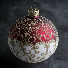 A red and gold Christmas ornament on a gray background. The ornament is decorated with a glass bauble.