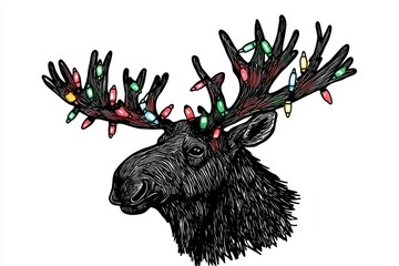 Wall Mural - Christmas moose with lights tangled in antlers, drawing for invitations or cards, hand-drawn moose sketch