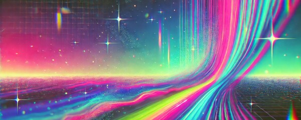 A cosmic scene with radiant stars and glowing waves set in neon hues.