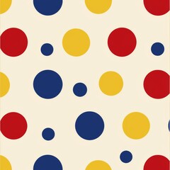 Canvas Print - Retro Polka Dot Pattern: A cheerful seamless pattern with red, blue, and yellow polka dots on a warm beige background.