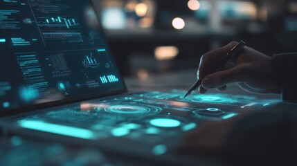 Wall Mural - Digital Interface, Hand Interacting with Glowing Screen