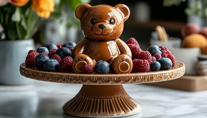 a teddy bear and berries on a plate. 