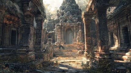 Canvas Print - Sunlit Pathway Through Ancient Stone Temple Ruins