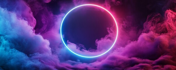 Wall Mural - Neon circle glowing with blue and pink smoke background