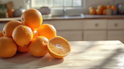 Poster - A pile of fresh oranges with one sliced open on a wooden surface.