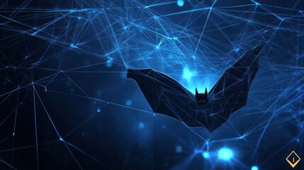 Poster - A stylized bat silhouette against a blue, interconnected network background.