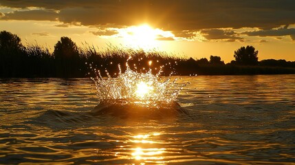 Sticker -   An individual swimming in a body of water, with the sun illuminating through the clouds above the water and trees surrounding the scene