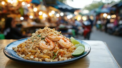 Poster - A plate of shrimp pad thai garnished with lime, set against a vibrant street food scene.