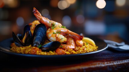 Wall Mural - A vibrant seafood dish featuring shrimp, mussels, and saffron rice, garnished for presentation.