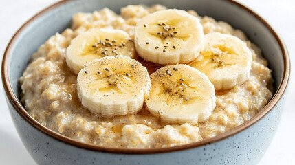 Wall Mural -   A bowl of oatmeal topped with sliced bananas and chives, finished with a light sprinkle of chives