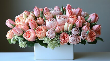 Poster -   A bouquet of pink and white flowers in a square vase on a white table with a gray backdrop