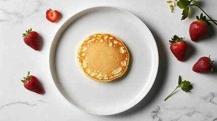 Wall Mural - A minimalist plate with one pancake and a few scattered strawberries, arranged on a monochrome backdrop for a sleek, modern breakfast