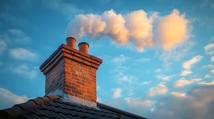 Brick chimney releasing smoke against blue sky at sunset