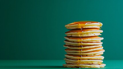 Wall Mural - A stack of fluffy pancakes with maple syrup, set against a rich emerald green background, creating a fresh and natural look