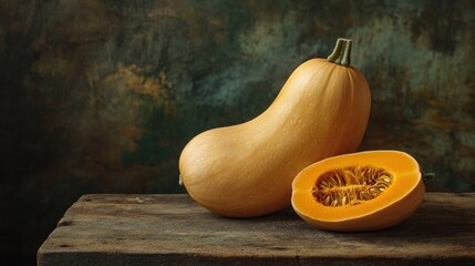 Wall Mural - A butternut squash and its sliced half on a rustic wooden surface.