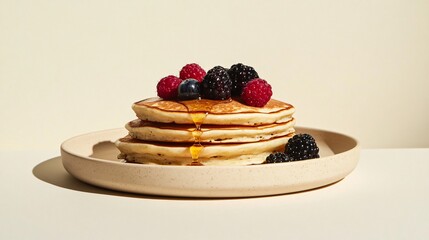 Wall Mural - American pancakes with a minimal drizzle of syrup and a handful of mixed berries, placed on a light-colored ceramic plate against a plain background