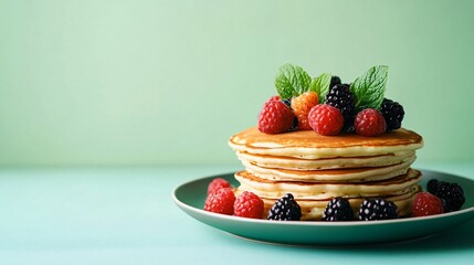 American pancakes with a topping of mixed berries, set against a pastel mint green background, styled with modern dishware