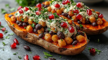 Poster -   A close-up of a sweet potato with beans and garnishes on top is an image optimization for search results