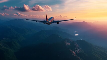 A commercial airplane soars gracefully over a breathtaking mountain range as the sun sets, casting golden hues across the sky and landscape. The image evokes a sense of freedom, adventure, and the vas