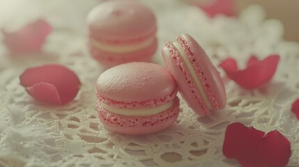 Wall Mural -   A pair of pink macaroons resting on a white lace doily atop a table