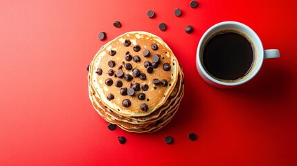 Wall Mural - Fluffy American pancakes with chocolate chips, set against a bright red background, with a cup of coffee beside it