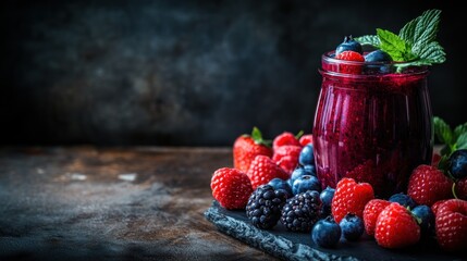 Poster - A jar of berry jam surrounded by fresh berries on a dark background.