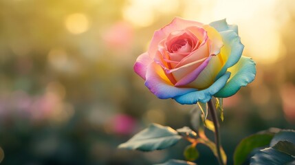 Canvas Print - Rainbow rose blooming in garden with golden sunlight