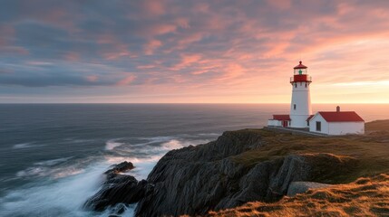 Canvas Print - A picturesque lighthouse on a rocky coastline at sunset, guiding ships safely home.