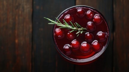 A refreshing cranberry drink garnished with rosemary on a wooden surface.