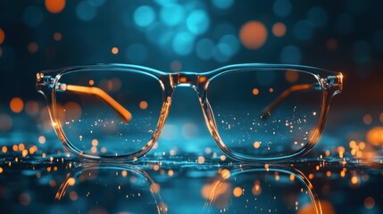 A close-up of stylish glasses reflecting colorful lights and a shimmering surface.