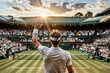 © Gaston - Tennis player gratefully saluting the crowd in a stadium at sunset celebrating victory. Tennis player waving to the audience while retiring from the sport