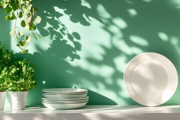 Wall Mural - A minimalist kitchen with a green wall, sunlight streaming in creating a natural, airy and bright ambiance. The wall is adorned with a hanging plant creating a serene, botanical feel. A stack of white