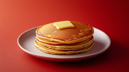 Golden pancakes with butter melting on top, placed on a deep coral red background, styled with modern, elegant tableware